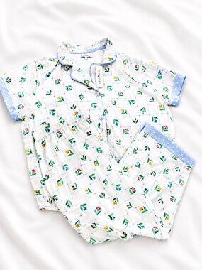 PJ Salvage Floral Pajama Set XL Blue White Button Front Sleepwear Lounge Set NWT